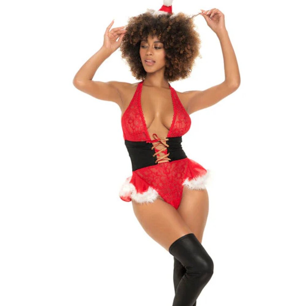 Mrs Claus Dear Santa Costume Teddy Bodysuit Lace Up with Thigh High Fishnets
